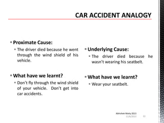  Proximate Cause:
 The driver died because he went
through the wind shield of his
vehicle.

 What have we learnt?
 Don’t fly through the wind shield
of your vehicle. Don’t get into
car accidents.

 Underlying Cause:
 The driver died because he
wasn’t wearing his seatbelt.

 What have we learnt?
 Wear your seatbelt.

Abhishek Maity 2013
11/6/2013

32

 