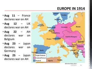  Aug 11 – France
declares war on AH
 Aug 12 – UK
declares war on AH
 Aug 22 – AH
declares war on
Belgium
 Aug 23 – Japan
declares war on
Germany
 Aug 25 – Japan
declares war on AH
Abhishek Maity 2013
11/6/2013

56

 