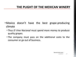 Mexico doesn’t have the best grape-producing
climate
 Thus El Vino Nacional must spend more money to produce
quality grapes.
 The company must pass on the additional costs to the
consumer or go out of business.

Abhishek Maity 2013
11/6/2013

67

 