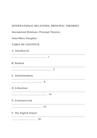 INTERNATIONAL RELATIONS, PRINCIPAL THEORIES
International Relations, Principal Theories
Anne-Marie Slaughter
TABLE OF CONTENTS
A. Introduction
...............................................................................................
............................................. 1
B. Realism
...............................................................................................
.................................................... 2
C. Institutionalism
...............................................................................................
........................................ 8
D. Liberalism
...............................................................................................
.............................................. 14
E. Constructivism
...............................................................................................
....................................... 19
F. The English School
...............................................................................................
................................ 24
 