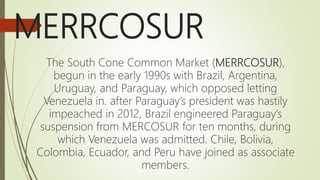MERRCOSUR
The South Cone Common Market (MERRCOSUR),
begun in the early 1990s with Brazil, Argentina,
Uruguay, and Paraguay, which opposed letting
Venezuela in. after Paraguay’s president was hastily
impeached in 2012, Brazil engineered Paraguay’s
suspension from MERCOSUR for ten months, during
which Venezuela was admitted. Chile, Bolivia,
Colombia, Ecuador, and Peru have joined as associate
members.
 