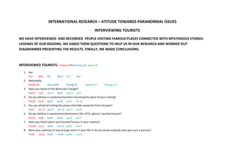 INTERNATIONAL RESEARCH – ATITUDE TOWARDS PARANORMAL ISSUES

                                                      - INTERVIEWING TOURISTS
WE HAVE INTERVIEWED AND RECORDED PEOPLE VISITING FAMOUS PLACES CONNECTED WITH MYSTERIOUS STORIES-
LEGENDS OF OUR REGIONS. WE ASKED THEM QUESTIONS TO HELP US IN OUR RESEARCH AND WORKED OUT
DIAGRAMMES PRESENTING THE RESULTS. FINALLY, WE MADE CONCLUSIONS.



INTERVIEWED TOURISTS:         Poland 20Germany 16 Spain 20

  1. Sex
     F11     M9      F8        M12 F12          M8
  2. Nationality
     Polish 20       German8           foreign 8      Spanish 3        foreign 17
  3. Have you heard of the Bermuda Triangle?
     Yes17 no3 Yes 7 No9 yes15 no5
  4. Do you believe in creatures/monsters haunting the place of your visiting?
     Yes12 no 8 yes2 no14 yes4 no 16
  5. Are you afraid of visiting the places that hide mysteries from the past?
     Yes3 no 17 yes 4 no 12 yes 2 no18
  6. Do you believe in paranormal phenomena like UFOs, ghosts, haunted houses?
     Yes12 no8 yes6 no10 yes3 no17
  7. Have you heard about any haunted houses in your country?
     Yes14 no 6 yes4           no 12 yes9 no11
  8. Were you a witness of any strange event in your life or do you know anybody who was such a witness?
     Yes8 no12 Yes2            no14 yes8        no12
 
