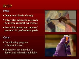 Open to all fields of study Integrates advanced research  & intense cultural experience  Powerful impact on students’  personal & professional goals IROP Coordinating program  is labor-intensive Expensive, but attractive to  donors and university publicity Pros: Cons: 