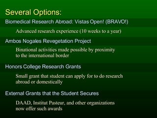 Several Options: Biomedical Research Abroad: Vistas Open! (BRAVO!) Ambos Nogales Revegetation Project Honors College Research Grants External Grants that the Student Secures Binational activities made possible by proximity  to the international border Small grant that student can apply for to do research  abroad or domestically Advanced research experience (10 weeks to a year) DAAD, Institut Pasteur, and other organizations  now offer such awards 