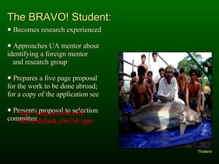 The BRAVO! Student: Becomes research experienced Approaches UA mentor about  identifying a foreign mentor  and research group Prepares a five page proposal  for the work to be done abroad;  for a copy of the application see Presents proposal to selection  committee Thailand 	http://ubrp.arizona.edu/ 	bravo/default.cfm?id=app 