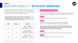 ST
IN-FLIGHT SERVICES
STEP 4
If your phone does not connect to the AeroMobile network
automatically, you will need to go to ‘Carrier’ in your phone
settings and manually select AeroMobile.
Validity
MRP
1 Day
1 Day
1 Day
Data - 250 MB
Data - 500 MB
Data - 1 GB
 