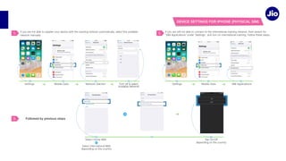 DEVICE SETTINGS FOR IPHONE (PHYSICAL SIM)
2.
SIM Applications
Mobile Data
Settings
Select International IMSI
Settings Mobile Data
1.
3.
 