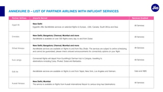 ANNEXURE D – LIST OF PARTNER AIRLINES WITH INFLIGHT SERVICES
Egypt Air
Emirates
Partner Airlines Airports Served Services Enabled
New Delhi
New Delhi; Bangalore; Chennai; Mumbai and more
New Delhi; Bangalore; Chennai; Mumbai and more
New Delhi; Mumbai
All Services
Data and SMS
All Services
All Services
All Services
All Services
 
