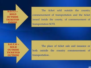 S.O.T.I =
SOLD
OUTSIDE
TICKETED
INSIDE
The ticket sold outside the country
commencement of transportation and the ticket
issued inside the county, of commencement of
transportation SOTI.
S.O.T.O =
SOLD
OUTSIDE
TICKETED
OUTSIDE
The place of ticket sale and issuance or
both outside the country commencement of
transportation .
 