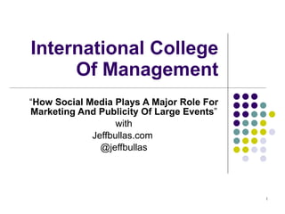 International College Of Management “ How Social Media Plays A Major Role For Marketing And Publicity Of Large Events ” with Jeffbullas.com  @jeffbullas 