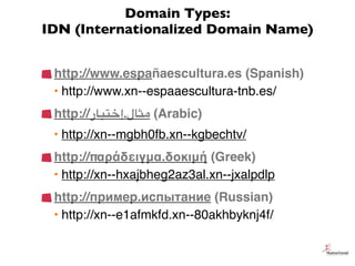 Domain Types:
IDN (Internationalized Domain Name)


 http://www.españaescultura.es (Spanish)
 • http://www.xn--espaaescult...