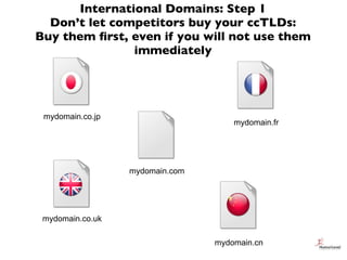 International Domains: Step 1
  Don’t let competitors buy your ccTLDs:
Buy them ﬁrst, even if you will not use them
      ...