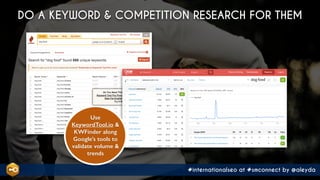 #internationalseo at #smconnect by @aleyda
DO A KEYWORD & COMPETITION RESEARCH FOR THEM
Use
KeywordTool.io &
KWFinder alon...
