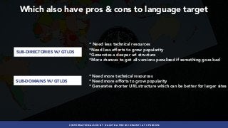 #INTERNATIONALSEO BY @ALEYDA FROM #ORAINTI AT #PUBCON
* Need less technical resources
*Need less efforts to grow popularity
*Generates a deeper url structure
*More chances to get all versions penalized if something goes bad
* Need more technical resources
* Need more efforts to grow popularity
* Generates shorter URL structure which can be better for larger sites
SUB-DIRECTORIES W/ GTLDS
SUB-DOMAINS W/ GTLDS
Which also have pros & cons to language target
 