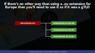 #INTERNATIONALSEO BY @ALEYDA FROM #ORAINTI AT #PUBCON
If there’s no other way than using a .eu extension for
Europe then you’ll need to use it as if it was a gTLD
WWW.BRAND.EU/EN-GB/
WWW.BRAND.EU/FR-FR/
WWW.BRAND.EU/ES-ES/
WWW.BRAND.EU/
 