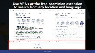 #INTERNATIONALSEO BY @ALEYDA FROM #ORAINTI AT #PUBCONSEOMINION
Use VPNs or the free seominion extension  
to search from any location and language
 