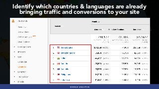 #INTERNATIONALSEO BY @ALEYDA FROM #ORAINTI AT #PUBCONGOOGLE ANALYTICS
Identify which countries & languages are already
bringing traffic and conversions to your site
 