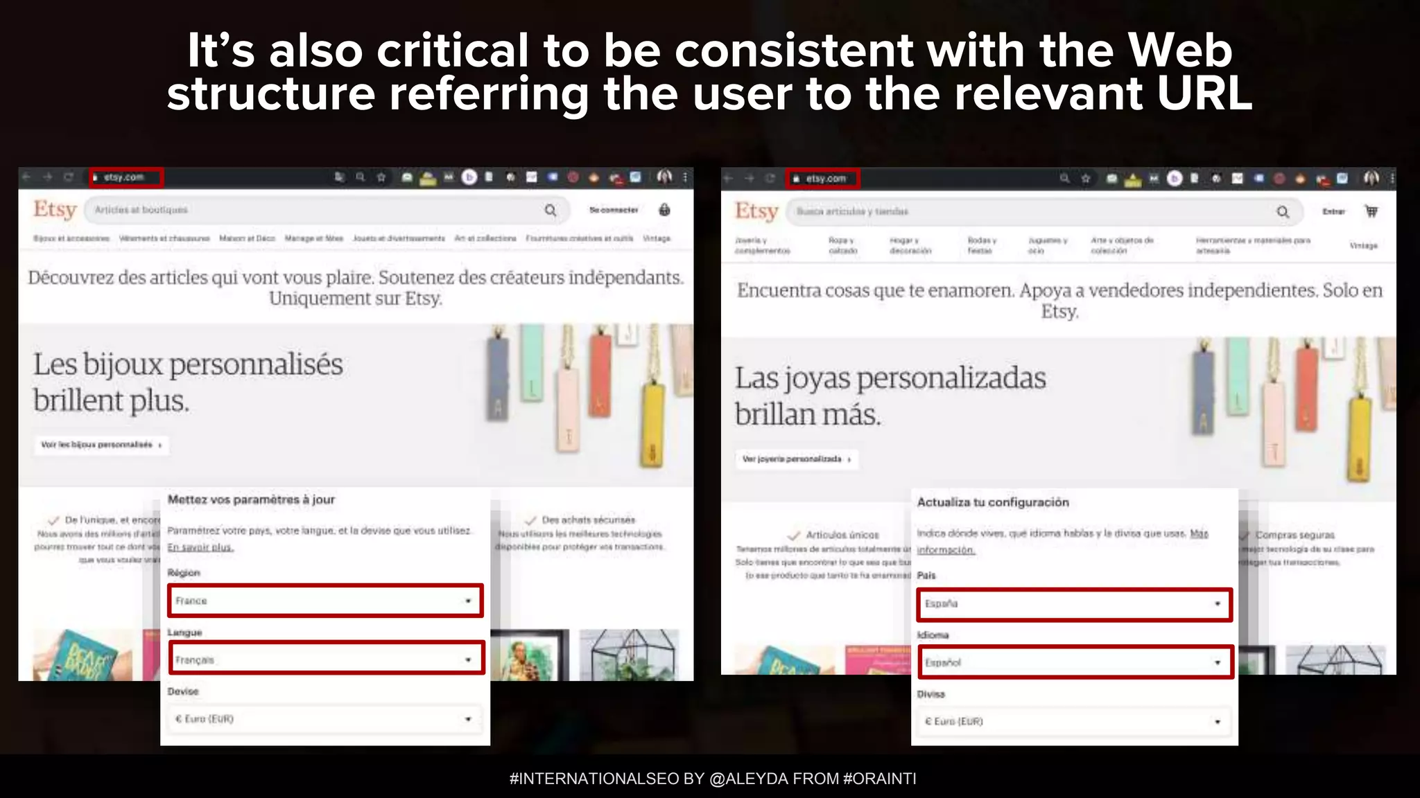 #INTERNATIONALSEO BY @ALEYDA FROM #ORAINTI
It’s also critical to be consistent with the Web
structure referring the user to the relevant URL
 