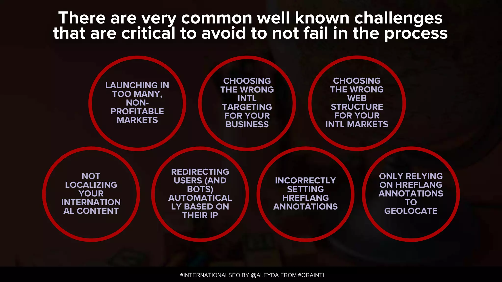 #INTERNATIONALSEO BY @ALEYDA FROM #ORAINTI
There are very common well known challenges
that are critical to avoid to not fail in the process
LAUNCHING IN
TOO MANY,
NON-
PROFITABLE
MARKETS
CHOOSING
THE WRONG
INTL
TARGETING
FOR YOUR
BUSINESS
NOT
LOCALIZING
YOUR
INTERNATION
AL CONTENT
INCORRECTLY
SETTING
HREFLANG
ANNOTATIONS
CHOOSING
THE WRONG
WEB
STRUCTURE
FOR YOUR
INTL MARKETS
REDIRECTING
USERS (AND
BOTS)
AUTOMATICAL
LY BASED ON
THEIR IP
ONLY RELYING
ON HREFLANG
ANNOTATIONS
TO
GEOLOCATE
 
