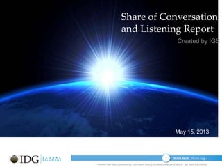 1
PROPRIETARY AND CONFIDENTIAL.COPYRIGHT ©2012 INTERNATIONAL DATA GROUP. ALL RIGHTS RESERVED.
00.00.00
Share of Conversation
and Listening Report
Created by IGS
May 15, 2013
 