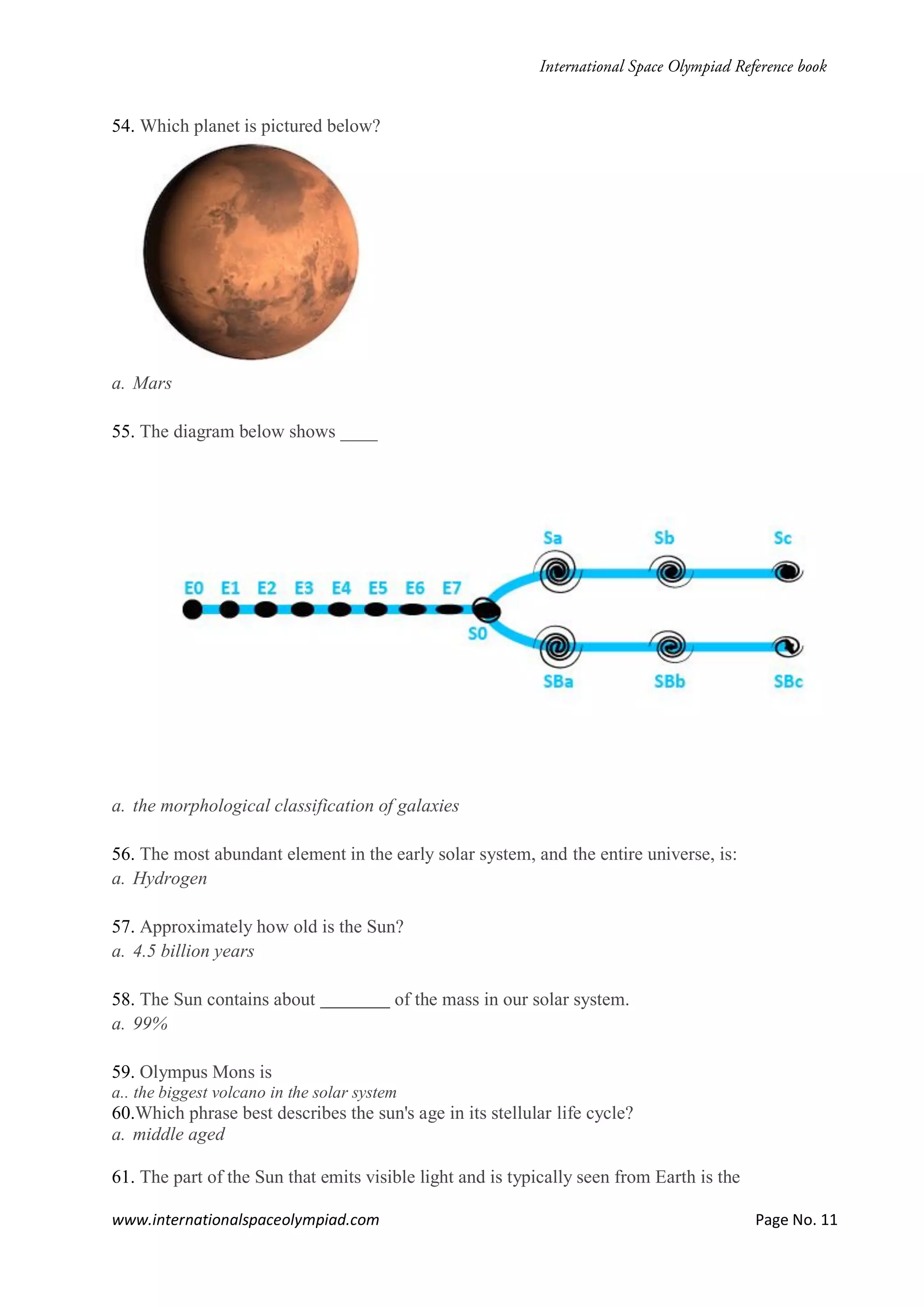 www.internationalspaceolympiad.com Page No. 11
54. Which planet is pictured below?
a. Mars
55. The diagram below shows ____
a. the morphological classification of galaxies
56. The most abundant element in the early solar system, and the entire universe, is:
a. Hydrogen
57. Approximately how old is the Sun?
a. 4.5 billion years
58. The Sun contains about of the mass in our solar system.
a. 99%
59. Olympus Mons is
a.. the biggest volcano in the solar system
60.Which phrase best describes the sun's age in its stellular life cycle?
a. middle aged
61. The part of the Sun that emits visible light and is typically seen from Earth is the
 