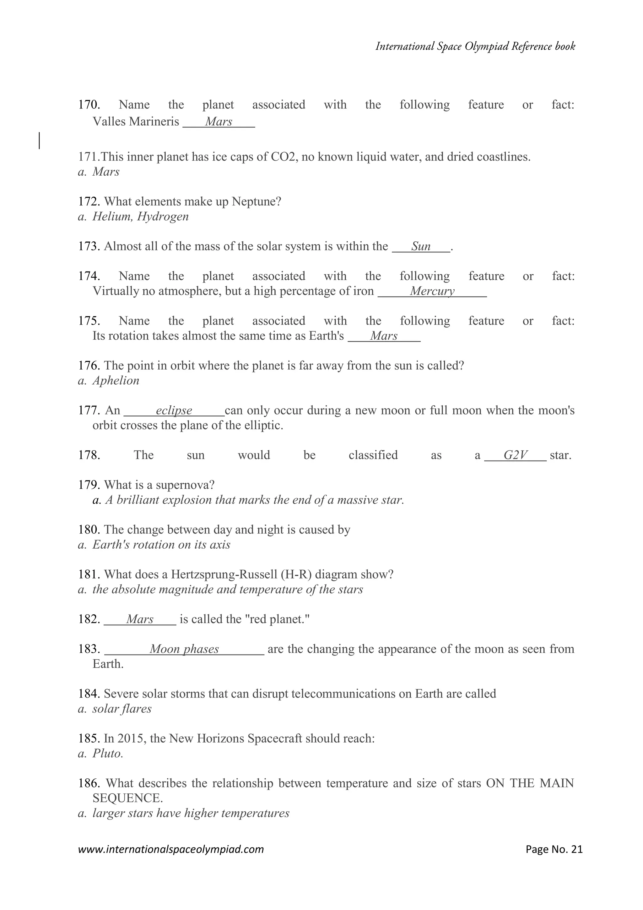 www.internationalspaceolympiad.com Page No. 21
170. Name the planet associated with the following feature or fact:
Valles Marineris Mars
171.This inner planet has ice caps of CO2, no known liquid water, and dried coastlines.
a. Mars
172. What elements make up Neptune?
a. Helium, Hydrogen
173. Almost all of the mass of the solar system is within the Sun .
174. Name the planet associated with the following feature or fact:
Virtually no atmosphere, but a high percentage of iron Mercury
175. Name the planet associated with the following feature or fact:
Its rotation takes almost the same time as Earth's Mars
176. The point in orbit where the planet is far away from the sun is called?
a. Aphelion
177. An eclipse can only occur during a new moon or full moon when the moon's
orbit crosses the plane of the elliptic.
178. The sun would be classified as a G2V star.
179. What is a supernova?
a. A brilliant explosion that marks the end of a massive star.
180. The change between day and night is caused by
a. Earth's rotation on its axis
181. What does a Hertzsprung-Russell (H-R) diagram show?
a. the absolute magnitude and temperature of the stars
182. Mars is called the "red planet."
183. Moon phases are the changing the appearance of the moon as seen from
Earth.
184. Severe solar storms that can disrupt telecommunications on Earth are called
a. solar flares
185. In 2015, the New Horizons Spacecraft should reach:
a. Pluto.
186. What describes the relationship between temperature and size of stars ON THE MAIN
SEQUENCE.
a. larger stars have higher temperatures
 