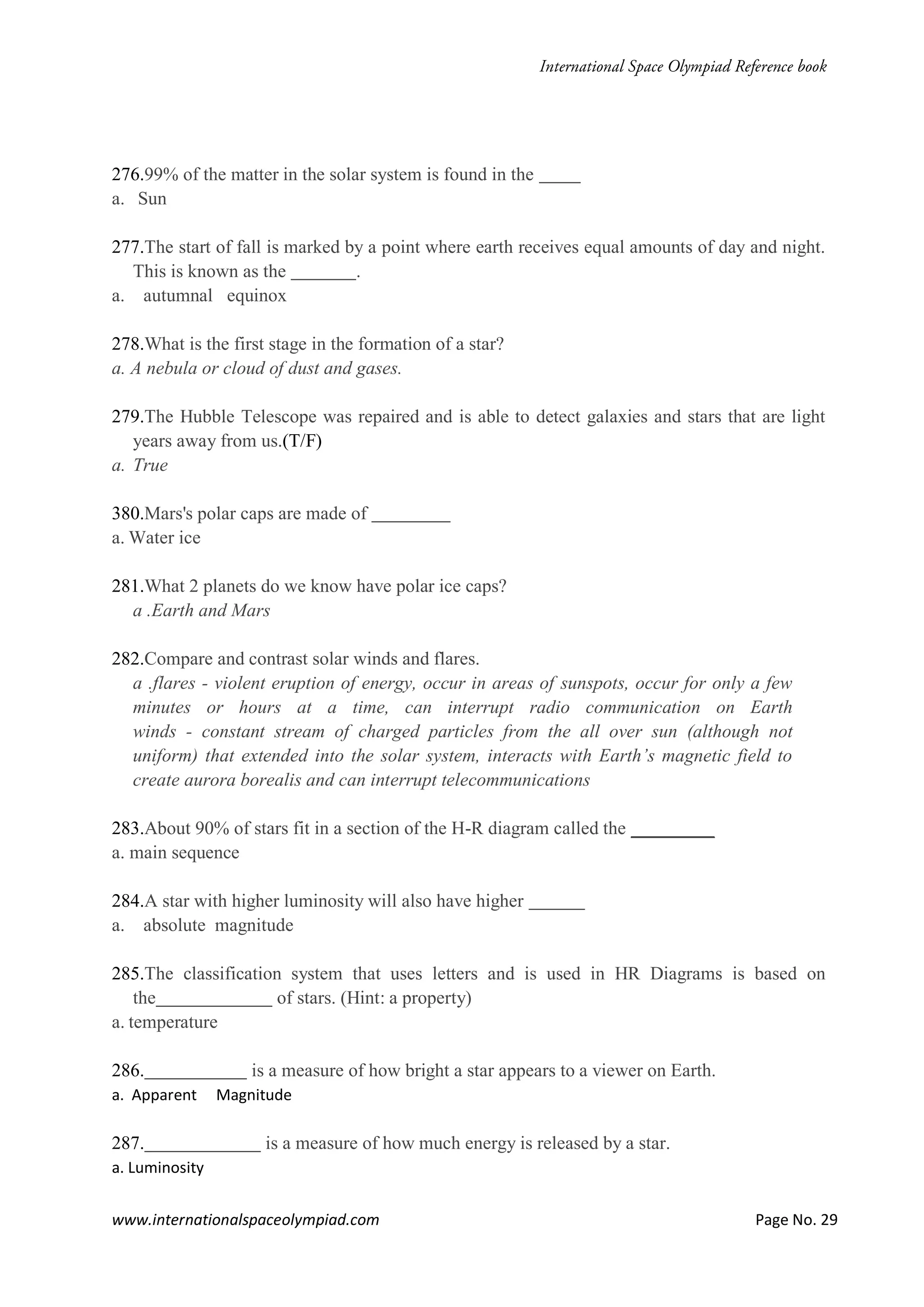 www.internationalspaceolympiad.com Page No. 29
276.99% of the matter in the solar system is found in the
a. Sun
277.The start of fall is marked by a point where earth receives equal amounts of day and night.
This is known as the .
a. autumnal equinox
278.What is the first stage in the formation of a star?
a. A nebula or cloud of dust and gases.
279.The Hubble Telescope was repaired and is able to detect galaxies and stars that are light
years away from us.(T/F)
a. True
380.Mars's polar caps are made of
a. Water ice
281.What 2 planets do we know have polar ice caps?
a .Earth and Mars
282.Compare and contrast solar winds and flares.
a .flares - violent eruption of energy, occur in areas of sunspots, occur for only a few
minutes or hours at a time, can interrupt radio communication on Earth
winds - constant stream of charged particles from the all over sun (although not
uniform) that extended into the solar system, interacts with Earth’s magnetic field to
create aurora borealis and can interrupt telecommunications
283.About 90% of stars fit in a section of the H-R diagram called the _________
a. main sequence
284.A star with higher luminosity will also have higher
a. absolute magnitude
285.The classification system that uses letters and is used in HR Diagrams is based on
the of stars. (Hint: a property)
a. temperature
286. is a measure of how bright a star appears to a viewer on Earth.
a. Apparent Magnitude
287. is a measure of how much energy is released by a star.
a. Luminosity
 