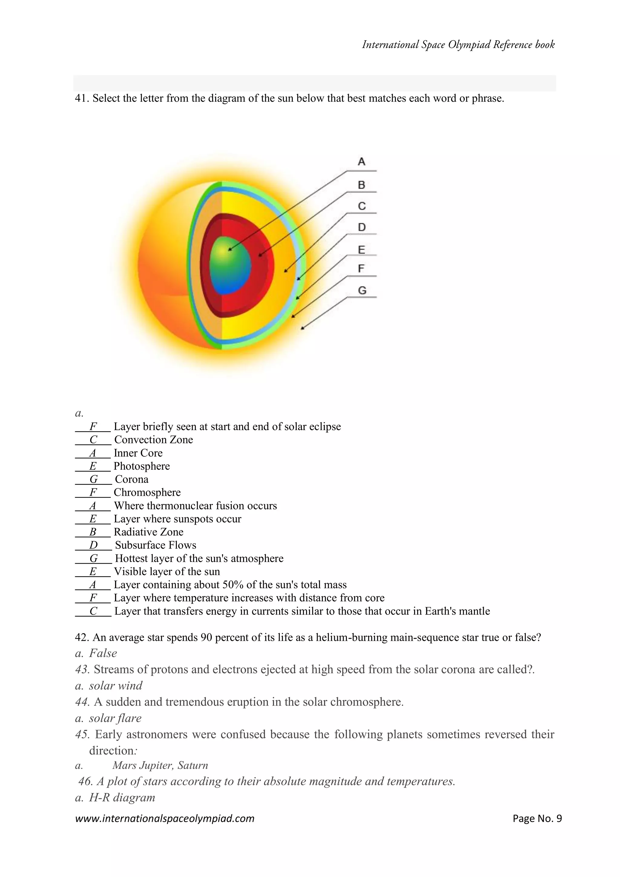 www.internationalspaceolympiad.com Page No. 9
41. Select the letter from the diagram of the sun below that best matches each word or phrase.
a.
F Layer briefly seen at start and end of solar eclipse
C Convection Zone
A Inner Core
E Photosphere
G Corona
F Chromosphere
A Where thermonuclear fusion occurs
E Layer where sunspots occur
B Radiative Zone
D Subsurface Flows
G Hottest layer of the sun's atmosphere
E Visible layer of the sun
A Layer containing about 50% of the sun's total mass
F Layer where temperature increases with distance from core
C Layer that transfers energy in currents similar to those that occur in Earth's mantle
42. An average star spends 90 percent of its life as a helium-burning main-sequence star true or false?
a. False
43. Streams of protons and electrons ejected at high speed from the solar corona are called?.
a. solar wind
44. A sudden and tremendous eruption in the solar chromosphere.
a. solar flare
45. Early astronomers were confused because the following planets sometimes reversed their
direction:
a. Mars Jupiter, Saturn
46. A plot of stars according to their absolute magnitude and temperatures.
a. H-R diagram
 