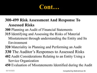 05/10/2025
Cont…
300-499 Risk Assessment And Response To
Assessed Risks
300 Planning an Audit of Financial Statements
315 Identifying and Assessing the Risks of Material
Misstatement through understanding the Entity and Its
Environment
320 Materiality in Planning and Performing an Audit
330 The Auditor’s Responses to Assessed Risks
402 Audit Considerations Relating to an Entity Using a
Service Organization
450 Evaluation of Misstatements Identified during the Audit
CompiIed by Abdirahman M.
 