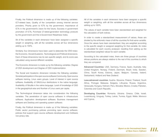 Report on the International Status
of Open Source Software 111.
Finally, the Political dimension is made up of the following variables:
ICT-related laws, Quality of the competition among Internet service
providers, Priority given to ICTs by the government, Importance of
ICTs in the government's vision for the future, Success in government
promotion of ICTs, Purchase of latest-generation technology products
by the government and the e-Government Readiness Index.
All of the variables in each dimension have been assigned a specific
weight or weighting; with all the variables across all four dimensions
adding up to 100%.
Similarly, four dimensions have been used to elaborate the OSS Index:
the Economic, Social-Academic, Technological and Political dimensions.
Each of these dimensions has its own specific weight, and its score was
calculated using several different variables.
The Economic dimension is made up by the following variables: Degree
of OSS development and Degree of OSS implementation.
The Social and Academic dimension includes the following variables:
SocietalparticipationintheopensourcesoftwareCommunity,Opensource
software training, Linux users groups, Level of interest in open source
software, Availability of GNU/Linux distributions in the native language,
Availability of Mozilla in the native language, Level of knowledge of OSS
in the geographical area and Number of Linux users per capita.
The Technological dimension takes into consideration the following
variables: The penetration of open source software in infrastructure
software, Application development software, Business management
software and Desktop and operating system software.
Finally, the Political dimension is made up of the following variables:
Public sector purchasing policies promoting open source software,
policies that support open source software development and Software
non-piracy rate.
All of the variables in each dimension have been assigned a specific
weight or weighting; with all the variables across all four dimensions
adding up to 100%.
The values of each variable have been standardised and weighted for
the calculation of both indices.
In order to create a standardised measurement of values, these are
divided by the arithmetic mean of all the countries for that same variable.
Once the values have been standardised, they are weighted according
to the specific weight or assigned weighting for that variable. An index
is calculated for each country analysed, resulting from adding up the
standardised weighted values for each variable.
According to the calculated index, there are three groups of countries
whose positions are always relative to the rest of the countries to which
they are compared:
Advanced Countries: USA, Germany, France, Spain, Australia, Italy,
United Kingdom, Norway, Finland, Denmark, Brazil, India, Sweden,
China, South Korea, Estonia, Japan, Belgium, Canada, Ireland,
Switzerland, Holland and New Zealand.
Less-advanced countries: Austria, Slovenia, Poland, Thailand, South
Africa, Portugal, Malaysia, Bulgaria, Lithuania, Russia, Argentina,
Venezuela, Hungary, Vietnam, Peru, Slovakia, Mexico, Croatia, Pakistan,
Colombia and Czech Republic.
Developing Countries: Romania, Ukraine, Greece, Chile, Israel,
Luxembourg, Uruguay, Turkey, Latvia, Tunisia, Egypt, Malta, Morocco
and Cyprus.
 