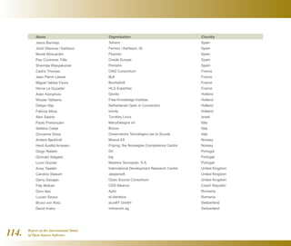 Report on the International Status
of Open Source Software114.
Name
Jesús Bermejo
Jordi Vilanova i Karlsson
Muriel Moscardini
Pau Contreras Trillo
Sharmila Wijeyakumar
Cedric Thomas
Jean Pierre Laisné
Miguel Valdes Faura
Herve Le Guyader
Arjen Kamphuis
Wouter Tebbens
Dirkjan Klip
Fabrice Mous
Alon Swartz
Paolo Predonzani
Stefano Celati
Giovanna Sissa
Anders Bjerkholt
Heidi Austlid Arnesen
Diogo Rebelo
Goncalo Salgado
Lucio Quintal
Anas Tawileh
Caroline Stewart
Gerry Gavigan
Filip Molcan
Doru ilasi
Lucian Savluc
Bruno von Rotz
David Krebs
Organisation
Telvent
Ferrero i Karlsson, SL
Fluendo
Oracle Europe
Pentaho
OW2 Consortium
Bull
BonitaSoft
HLG Expertise
Gendo
Free Knowledge Institute
Netherlands Open in Connection
Ictivity
TurnKey Linux
ManyDesigns srl
Bnova
Osservatorio Tecnologico per la Scuola
Moava AS
Friprog, the Norwegian Competence Centre
Dri
log
Madeira Tecnopolo, S.A.
International Development Research Centre
Jaspersoft
Open Source Consortium
OSS Alliance
Aplix
eLiberatica
accelIT GmbH
mimacom ag
Country
Spain
Spain
Spain
Spain
Spain
France
France
France
France
Holland
Holland
Holland
Holland
Israel
Italy
Italy
Italy
Norway
Norway
Portugal
Portugal
Portugal
United Kingdom
United Kingdom
United Kingdom
Czech Republic
Romania
Romania
Switzerland
Switzerland
 