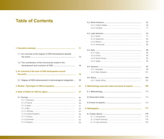 Table of Contents
1. Executive summary ..........................................................................
1.1 An overview of the degree of OSS development around
the world .....................................................................................
1.2 The contribution of the Community model to the
development and evolution of OSS .........................................
2. An overview of the level of OSS development around
the world ............................................................................................
2.1 Degree of OSS advancement in technological categories ...
3. Models / Typologies of OSS ecosystems .......................................
4. State of affairs for OSS by region.....................................................
4.1 Europe .........................................................................................
4.1.1 Germany .............................................................................
4.1.2 France .................................................................................
4.1.3 Spain ...................................................................................
4.1.4 Italy .....................................................................................
4.1.5. Norway ...............................................................................
4.1.6 United Kingdom ..................................................................
4.1.7 Finland ................................................................................
4.1.8 Denmark .............................................................................
4.1.9 Holland ................................................................................
11
12
16
19
28
31
37
41
44
48
51
55
57
59
61
63
64
66
66
71
74
77
80
82
84
85
88
90
93
95
97
98
101
103
105
109
110
112
112
117
119
119
119
120
4.2 North America .......................................................................
4.2.1 United States ..............................................................
4.2.2 Canada ..........................................................................
4.3 Latin America ........................................................................
4.3.1 Brazil ..............................................................................
4.3.2 Argentina ........................................................................
4.3.3 Mexico ...........................................................................
4.3.4 Venezuela ......................................................................
4.4 Asia ........................................................................................
4.4.1 India ...............................................................................
4.4.2 China .............................................................................
4.4.3 South Korea .................................................................
4.4.4 Japan .............................................................................
4.5 Oceania ..................................................................................
4.5.1 Australia .........................................................................
4.5.2 New Zealand ..............................................................
4.6 Africa ......................................................................................
4.6.1 South Africa ...................................................................
5. Methodology, execution team and panel of experts ...............
5.1 Methodology ..........................................................................
5.2 Execution team ......................................................................
5.3 Panel of experts .....................................................................
6. Bibliography .................................................................................
6.1 Public Sector ..........................................................................
6.1.1 Introduction ...................................................................
6.1.2 North America ................................................................
6.1.3 Latin America ................................................................
 