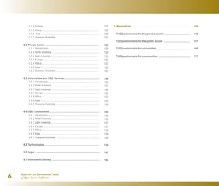 Report on the International Status
of Open Source Software6.
6.1.4 Europe...............................................................................
6.1.5 Africa ................................................................................
6.1.6 Asia ..................................................................................
6.1.7 Oceania-Australia .............................................................
6.2 Private Sector ...........................................................................
6.2.1 Introduction .......................................................................
6.2.2 North America ....................................................................
6.2.3 Latin America ..................................................................
6.2.4 Europe ..............................................................................
6.2.5 Africa ................................................................................
6.2.6 Asia ...................................................................................
6.2.7 Oceania-Australia .............................................................
6.3 Universities and RD Centres ..................................................
6.3.1 Introduction .......................................................................
6.3.2 North America ....................................................................
6.3.3 Latin America .....................................................................
6.3.4 Europe ...............................................................................
6.3.5 Africa .................................................................................
6.3.6 Asia ...................................................................................
6.3.7 Oceania-Australia .............................................................
6.4 OSS Communities........................................................................
6.4.1 Introduction .......................................................................
6.4.2 North America ....................................................................
6.4.3 Latin America .....................................................................
6.4.4 Europe ...............................................................................
6.4.5 Africa ..................................................................................
6.4.6 Asia ....................................................................................
6.4.7 Oceania-Australia ..............................................................
6.5 Technologies ..............................................................................
6.6 Legal ............................................................................................
6.7 Information Society ....................................................................
7. Appendices ..................................................................................
7.1 Questionnaire for the private sector .....................................
7.2 Questionnaire for the public sector ......................................
7.3 Questionnaire for universities ...............................................
7.4 Questionnaire for communities .............................................
121
125
126
127
128
128
129
130
130
132
132
134
134
134
134
134
135
135
135
136
136
136
136
137
137
138
138
139
139
141
142
145
146
147
149
151
 