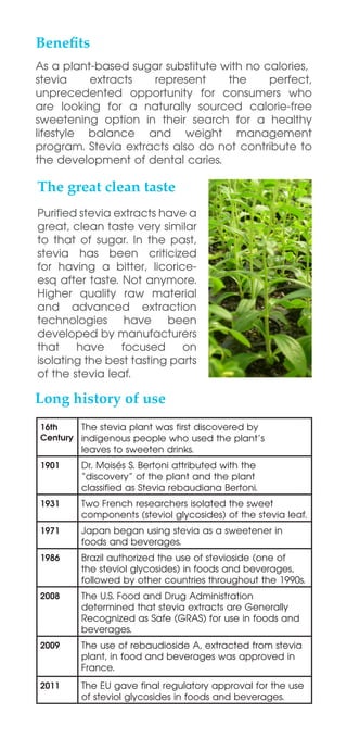Benefits
The great clean taste
Long history of use
As a plant-based sugar substitute with no calories,
stevia extracts represent the perfect,
unprecedented opportunity for consumers who
are looking for a naturally sourced calorie-free
sweetening option in their search for a healthy
lifestyle balance and weight management
program. Stevia extracts also do not contribute to
the development of dental caries.
Purified stevia extracts have a
great, clean taste very similar
to that of sugar. In the past,
stevia has been criticized
for having a bitter, licorice-
esq after taste. Not anymore.
Higher quality raw material
and advanced extraction
technologies have been
developed by manufacturers
that have focused on
isolating the best tasting parts
of the stevia leaf.
16th
Century
The stevia plant was first discovered by
indigenous people who used the plant’s
leaves to sweeten drinks.
1901 Dr. Moisés S. Bertoni attributed with the
“discovery” of the plant and the plant
classified as Stevia rebaudiana Bertoni.
1931 Two French researchers isolated the sweet
components (steviol glycosides) of the stevia leaf.
1971 Japan began using stevia as a sweetener in
foods and beverages.
1986 Brazil authorized the use of stevioside (one of
the steviol glycosides) in foods and beverages,
followed by other countries throughout the 1990s.
2008 The U.S. Food and Drug Administration
determined that stevia extracts are Generally
Recognized as Safe (GRAS) for use in foods and
beverages.
2009 The use of rebaudioside A, extracted from stevia
plant, in food and beverages was approved in
France.
2011 The EU gave final regulatory approval for the use
of steviol glycosides in foods and beverages.
 