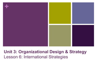 +




Unit 3: Organizational Design & Strategy
Lesson 6: International Strategies
 