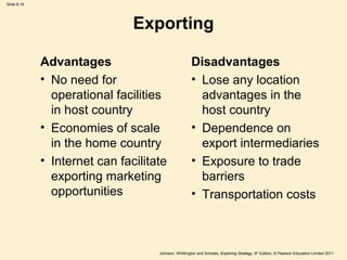 Slide 8.19




                               Exporting

             Advantages                               Disadvantages
             • No need for                            • Lose any location
               operational facilities                   advantages in the
               in host country                          host country
             • Economies of scale                     • Dependence on
               in the home country                      export intermediaries
             • Internet can facilitate                • Exposure to trade
               exporting marketing                      barriers
               opportunities                          • Transportation costs



                                    Johnson, Whittington and Scholes, Exploring Strategy, 9th Edition, © Pearson Education Limited 2011
 
