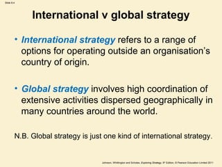 Slide 8.4




             International v global strategy

        • International strategy refers to a range of
          options for operating outside an organisation’s
          country of origin.

        • Global strategy involves high coordination of
          extensive activities dispersed geographically in
          many countries around the world.

        N.B. Global strategy is just one kind of international strategy .


                                    Johnson, Whittington and Scholes, Exploring Strategy, 9th Edition, © Pearson Education Limited 2011
 