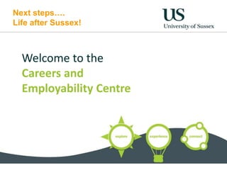 Next steps….
Life after Sussex!
Welcome to the
Careers and
Employability Centre
 