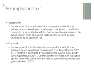 +
Examples in-text
 Vancouver:
 Connor says "due to the international aspect, the definition of
evidence-based knowledge has changed over time"(1), and this is
concurred by several others (2-5). Connor can therefore lean on the
public opinion when she claims that it is hard to come by one,
unified and good definition (1).
 Harvard:
 Connor says "due to the international aspect, the definition of
evidence-based knowledge has changed over time”(Connor 2007,
p. 7), and this is concurred by several others (Martin 2006; Smith
2009; Oppenhouse 2011). Connor can therefore lean on the public
opinion when she claims that it is hard to come by one, unified and
good definition (2007).
 