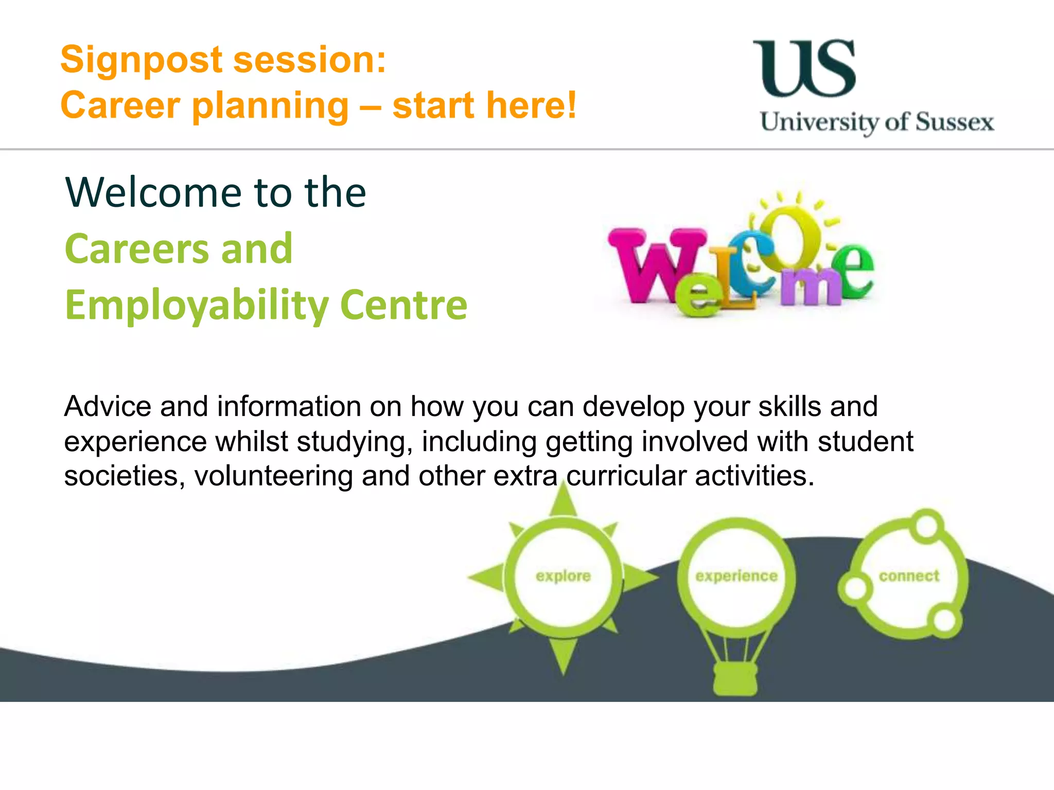 Signpost session:
Career planning – start here!
Welcome to the
Careers and
Employability Centre
Advice and information on how you can develop your skills and
experience whilst studying, including getting involved with student
societies, volunteering and other extra curricular activities.