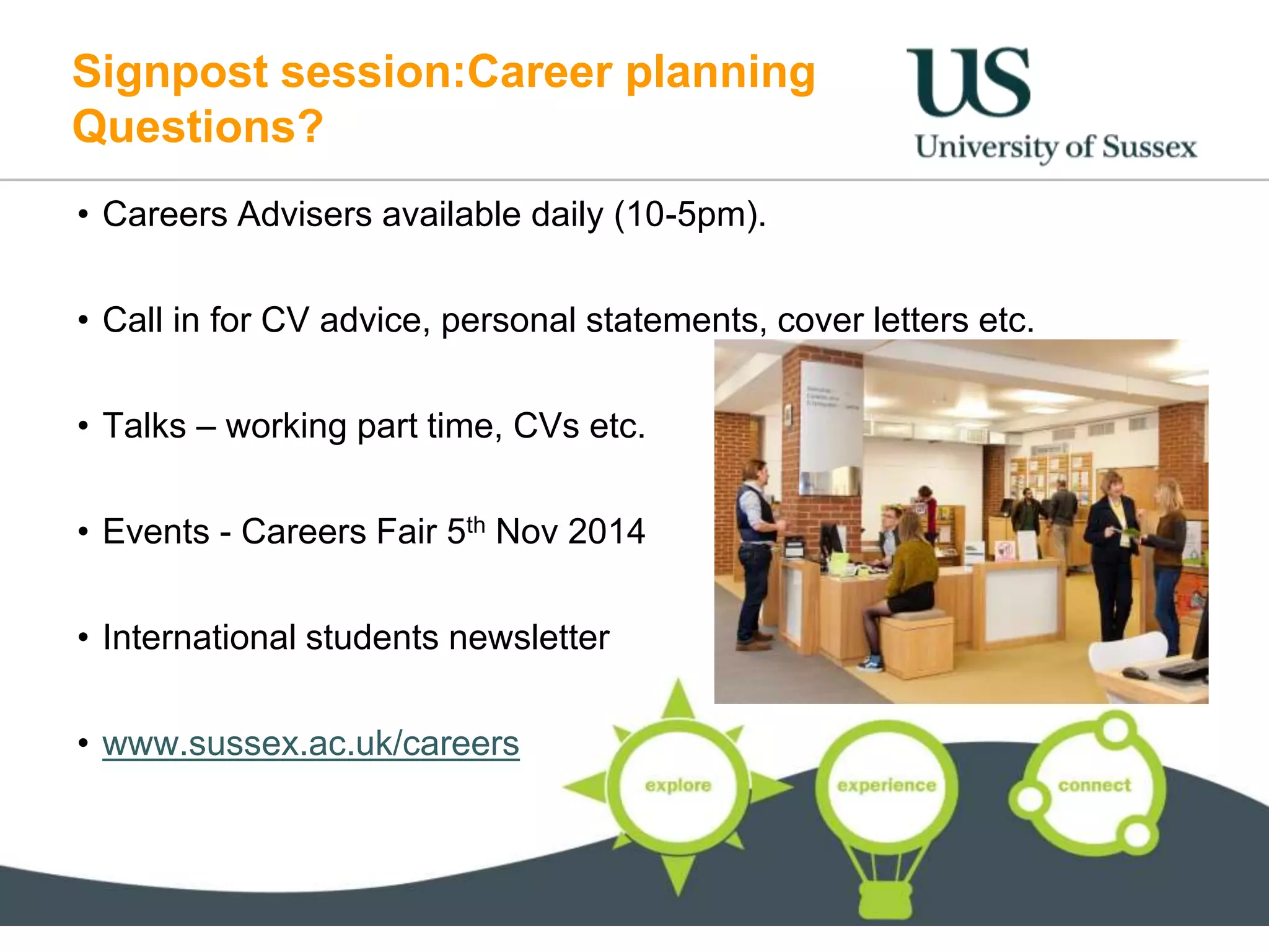 Signpost session:Career planning
Questions?
• Careers Advisers available daily (10-5pm).
• Call in for CV advice, personal statements, cover letters etc.
• Talks – working part time, CVs etc.
• Events - Careers Fair 5th Nov 2014
• International students newsletter
• www.sussex.ac.uk/careers