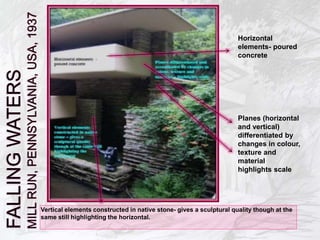 Vertical elements constructed in native stone- gives a sculptural quality though at the
same still highlighting the horizontal.
Horizontal
elements- poured
concrete
Planes (horizontal
and vertical)
differentiated by
changes in colour,
texture and
material
highlights scale
 