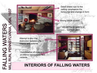 INTERIORS OF FALLING WATERS
Detail draws eye to the
ceiling- emphasize the
horizontal and change in form
Strong visual accent
HEARTH SYMBOLIC
COMFORT
Attempt to blur the
distinction between the
interior and exterior
Combination of materials
in interior harmonizes with
outside
 