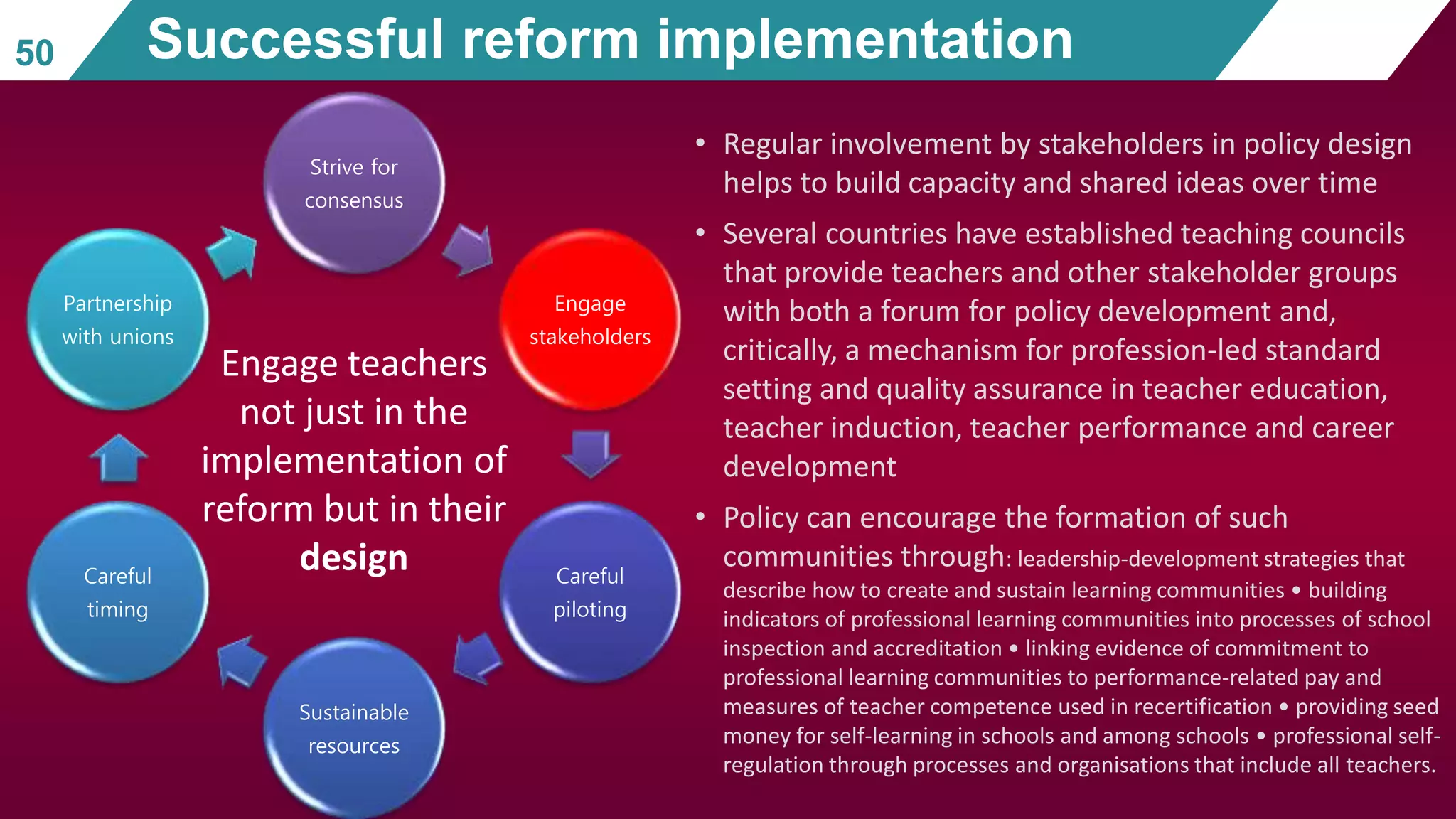 Strive for
consensus
Engage
stakeholders
Careful
piloting
Sustainable
resources
Careful
timing
Partnership
with unions
• Regular involvement by stakeholders in policy design
helps to build capacity and shared ideas over time
• Several countries have established teaching councils
that provide teachers and other stakeholder groups
with both a forum for policy development and,
critically, a mechanism for profession-led standard
setting and quality assurance in teacher education,
teacher induction, teacher performance and career
development
• Policy can encourage the formation of such
communities through: leadership-development strategies that
describe how to create and sustain learning communities • building
indicators of professional learning communities into processes of school
inspection and accreditation • linking evidence of commitment to
professional learning communities to performance-related pay and
measures of teacher competence used in recertification • providing seed
money for self-learning in schools and among schools • professional self-
regulation through processes and organisations that include all teachers.
50 Successful reform implementation
Engage teachers
not just in the
implementation of
reform but in their
design
 