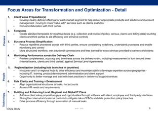Chris Oddy 6
1. Client Value Proposition(s)
– Develop clearly defined offerings for each market segment to help deliver appropriate products and solutions and account
management, moving to more "value add" services such as claims analytics
– Robust collaboration with third parties
2. Templates
– Create standard templates for repetitive tasks (e.g. collection and review of policy, census, claims and billing data) touching
clients and third parties to aid efficiency and enhance controls
3. Business Process Simplification
– Reduce repetitive processes across with third parties, ensure consistency in delivery, understand processes and enable
monitoring and control
– More structured workflow, with additional commissions and fees earned for extra services provided to carriers and clients
4. Monitoring Performance across the Delivery Chain
– Review completeness, accuracy and timeliness across the delivery chain, including measurement of turn around times
(internal teams, clients and third parties) against Service Level Agreements
5. Regionalization (including hub branches in countries)
– In country and / or regional hubs to drive efficiency and maximize ability to leverage expertise across geographies -
including IT, training, product development, administration and client support
– Opportunity to better manage and lead with best practices in delivery of support services
6. Role Clarity and Training + Development
– Align organizational structures to tasks, not accounts
– Assess HR needs and requirements
7. Building and Enhancing Local, Regional and Global IT Plans
– Address client value proposition gaps and opportunities through software with client, employee and third party interfaces
– Strengthen internal and external controls to mitigate risks of E&Os and data protection policy breaches
– Drive process efficiency through automation of manual tasks
ProcessPeopleTechnology
Focus Areas for Transformation and Optimization - Detail
 