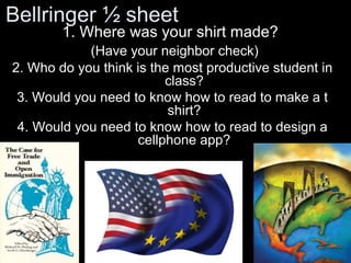 Bellringer ½ sheet

1. Where was your shirt made?

(Have your neighbor check)
2. Who do you think is the most productive student in
class?
3. Would you need to know how to read to make a t
shirt?
4. Would you need to know how to read to design a
cellphone app?

 