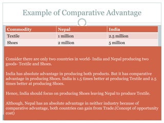 Example of Comparative Advantage
Commodity Nepal India
Textile 1 million 2.5 million
Shoes 2 million 5 million
Consider there are only two countries in world- India and Nepal producing two
goods- Textile and Shoes.
India has absolute advantage in producing both products. But it has comparative
advantage in producing Shoes. India is 1.5 times better at producing Textile and 2.5
times better at producing Shoes.
Hence, India should focus on producing Shoes leaving Nepal to produce Textile.
Although, Nepal has an absolute advantage in neither industry because of
comparative advantage, both countries can gain from Trade.(Concept of opportunity
cost)
 