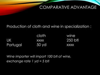 Production of cloth and wine in specialization :
cloth wine
UK
Portugal
Wine importer will import 100 btl of wine,
exchange rate 1 yd = 5 btl
xxxx 250 btl
50 yd xxxx
COMPARATIVE ADVANTAGE
 