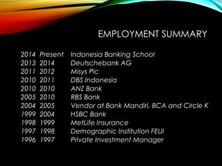 EMPLOYMENT SUMMARY
2014 Present Indonesia Banking School
2013 2014 Deutschebank AG
2011 2012 Misys Plc
2010 2011 DBS Indonesia
2010 2010 ANZ Bank
2005 2010 RBS Bank
2004 2005 Vendor at Bank Mandiri, BCA and Circle K
1999 2004 HSBC Bank
1998 1999 MetLife Insurance
1997 1998 Demographic Institution FEUI
1996 1997 Private Investment Manager
 