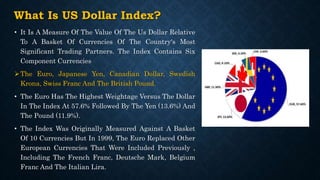 What Is US Dollar Index?
• It Is A Measure Of The Value Of The Us Dollar Relative
To A Basket Of Currencies Of The Country's Most
Significant Trading Partners. The Index Contains Six
Component Currencies
The Euro, Japanese Yen, Canadian Dollar, Swedish
Krona, Swiss Franc And The British Pound.
• The Euro Has The Highest Weightage Versus The Dollar
In The Index At 57.6% Followed By The Yen (13.6%) And
The Pound (11.9%).
• The Index Was Originally Measured Against A Basket
Of 10 Currencies But In 1999, The Euro Replaced Other
European Currencies That Were Included Previously ,
Including The French Franc, Deutsche Mark, Belgium
Franc And The Italian Lira.
 